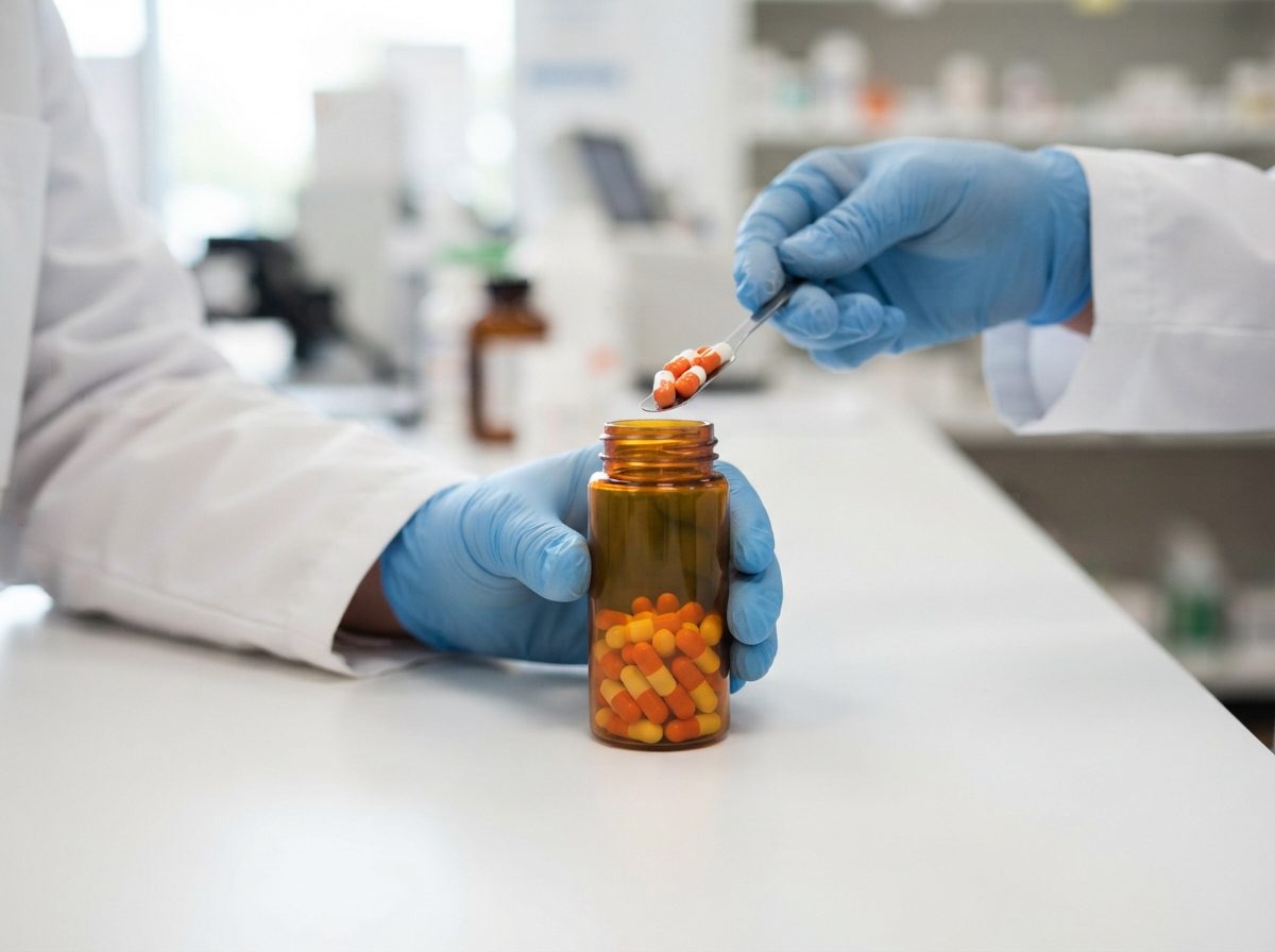 A pharmacist places prescription capsules into a medicine bottle on a clean countertop.
