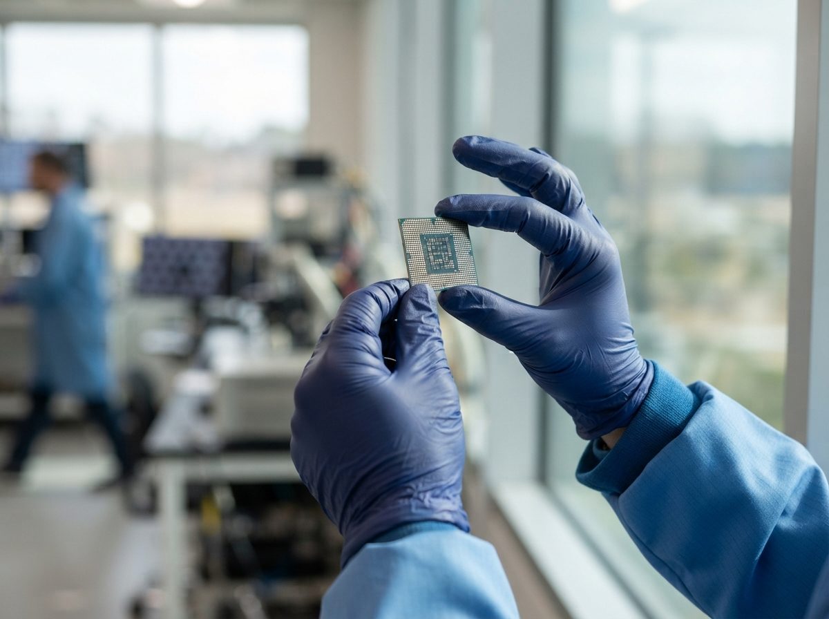 Gloved hands holding a computer processor chip up to natural light in a testing facility.
