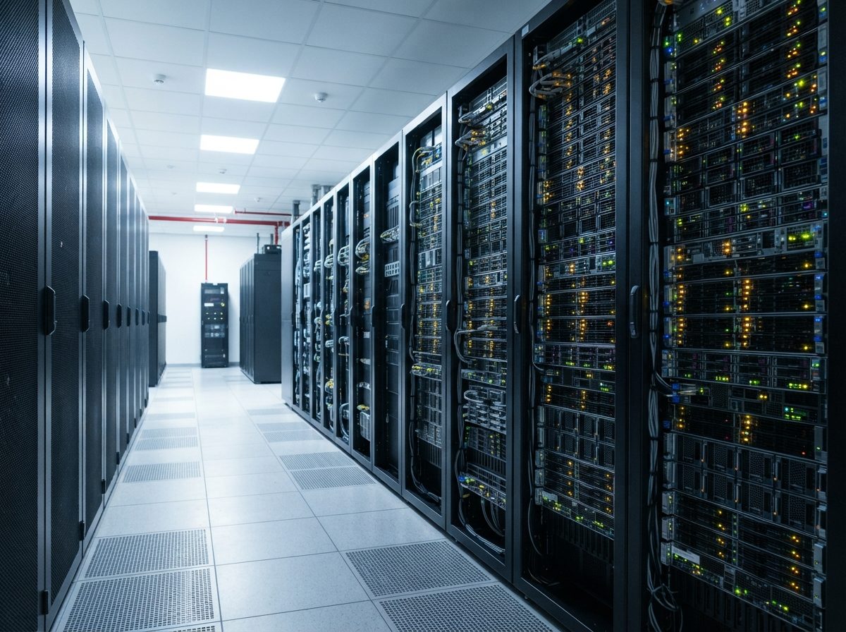 Bright, clean data center hallway lined with illuminated server racks.