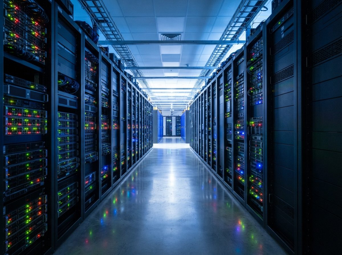 Bright, orderly data center corridor lined with server racks and blue ambient lighting.