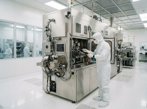 Technician in cleanroom attire inspecting semiconductor wafer fabrication equipment under bright lighting.