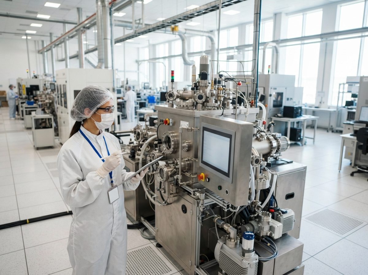 Engineer examining an industrial deposition chamber on a semiconductor equipment factory floor.