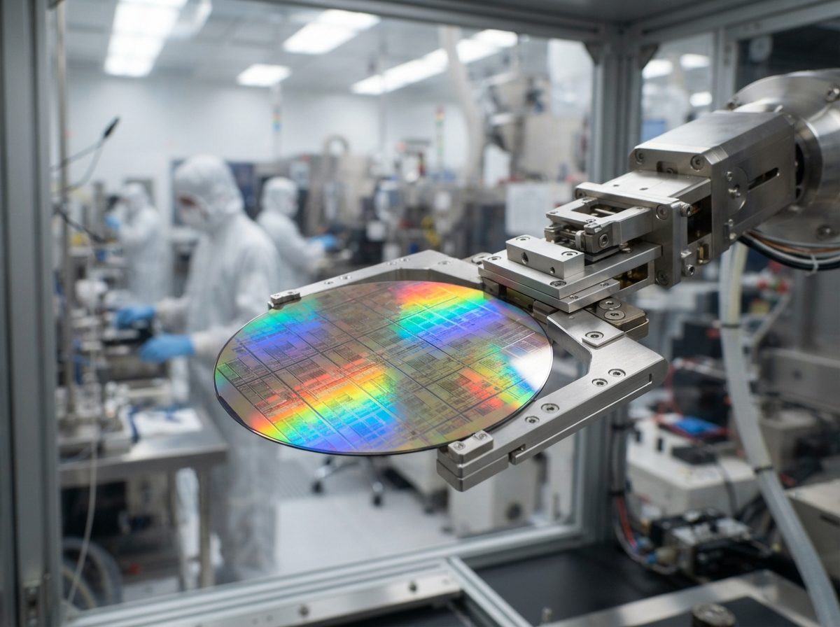 A silicon wafer reflecting colorful light while held by a robotic arm inside a semiconductor cleanroom.