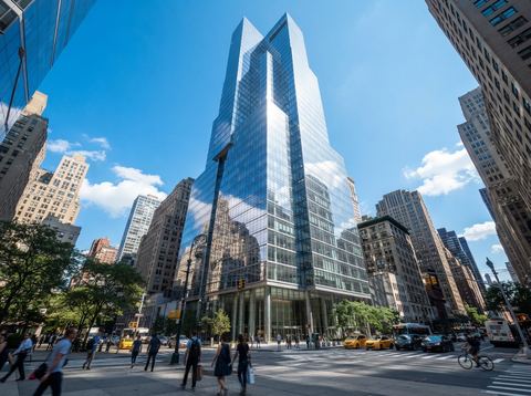 Modern glass office tower in an American downtown financial district under a clear blue sky.