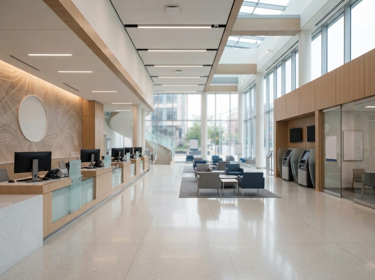Clean, modern bank branch lobby interior with teller counters and soft lighting.