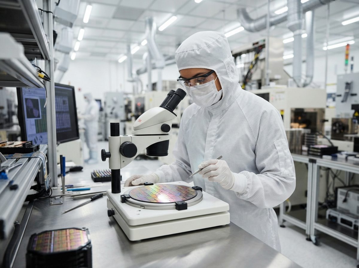 A clean-room technician inspecting a silicon wafer during semiconductor fabrication.