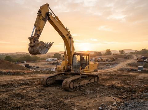 A large yellow excavator on a construction site at sunrise, representing heavy equipment manufacturing.