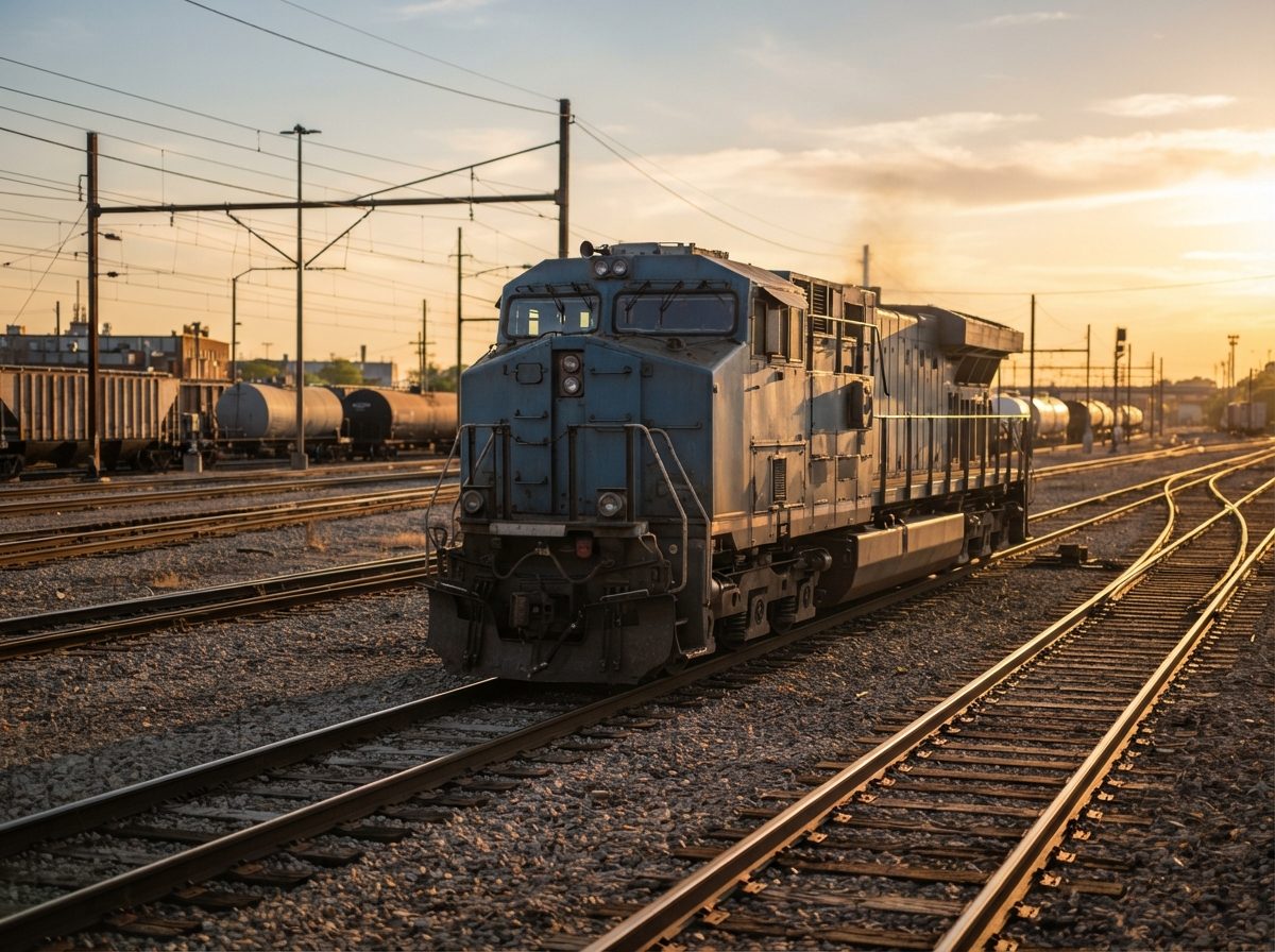 A diesel-electric locomotive parked on rail tracks in a yard during golden hour light.