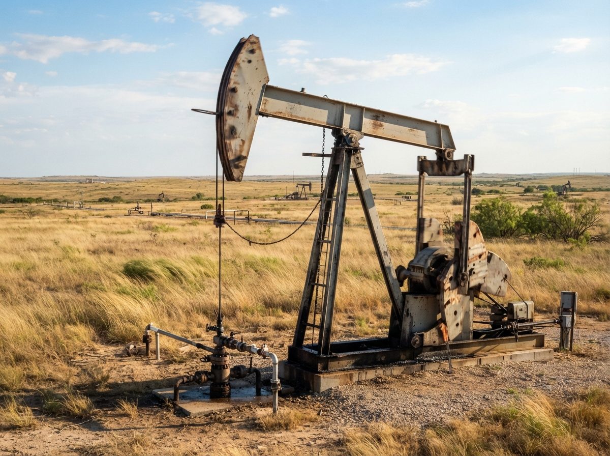 Pumpjack operating in a sunlit Texas oil field with open grassland in the background.