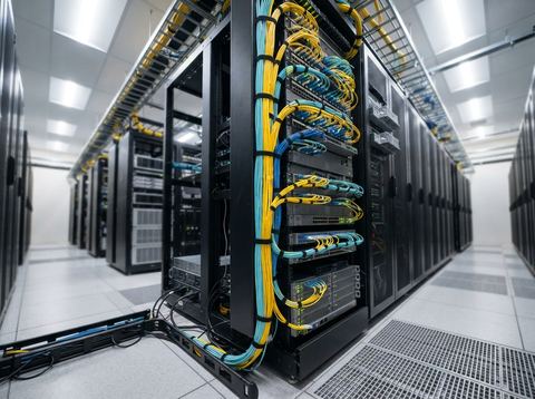 Networking equipment racks with organized cables in a bright modern data center.