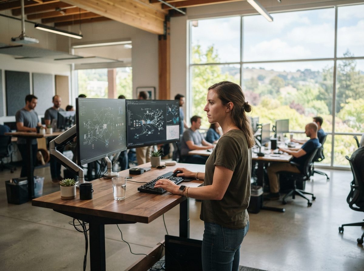 Bright open-plan technology office with employees working near network monitors.