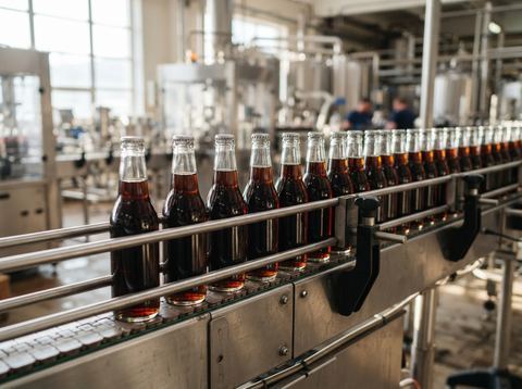 Glass soda bottles moving along a bright stainless steel bottling line conveyor.