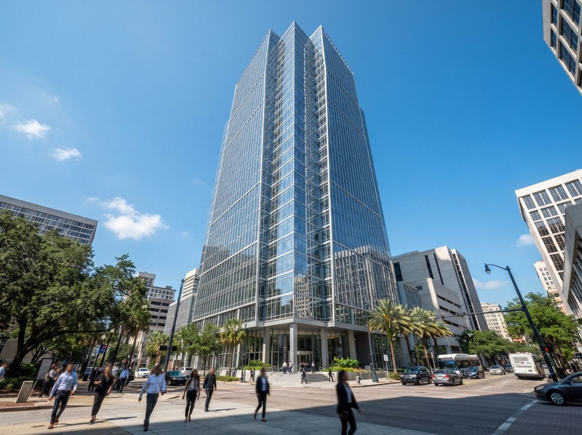 A glass-and-steel corporate office tower rising against a clear blue city skyline.