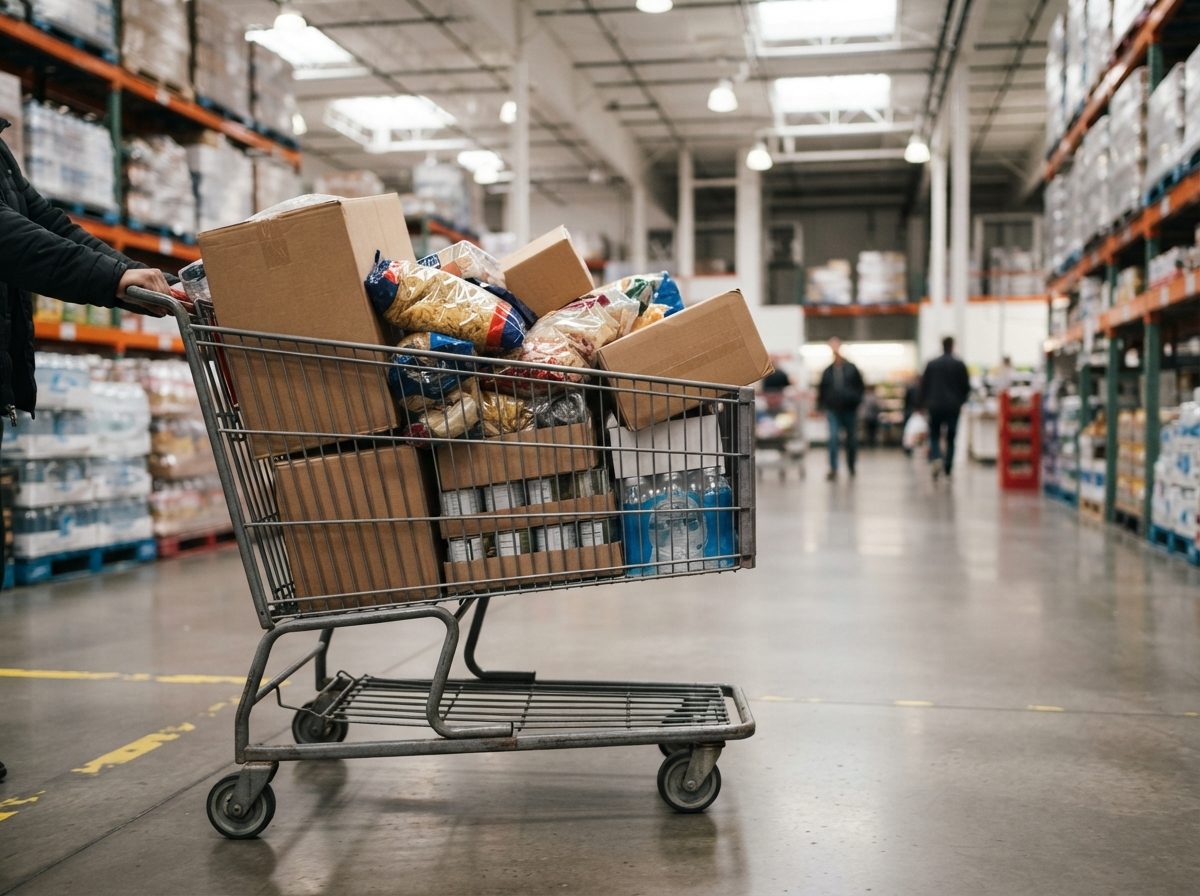 Shopping cart filled with bulk goods moving down a wide warehouse store aisle.