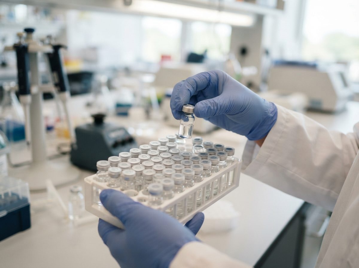 A scientist's gloved hands examining a rack of glass medicine vials in a laboratory setting.