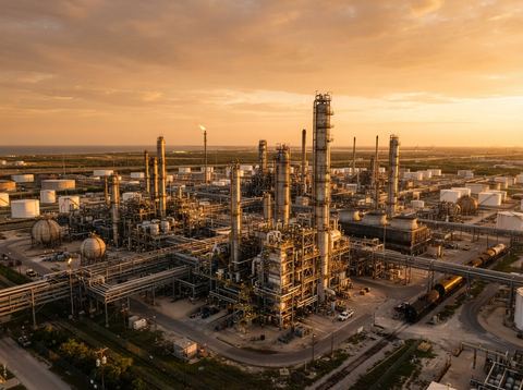 Wide view of an oil refinery with distillation towers glowing at golden hour.