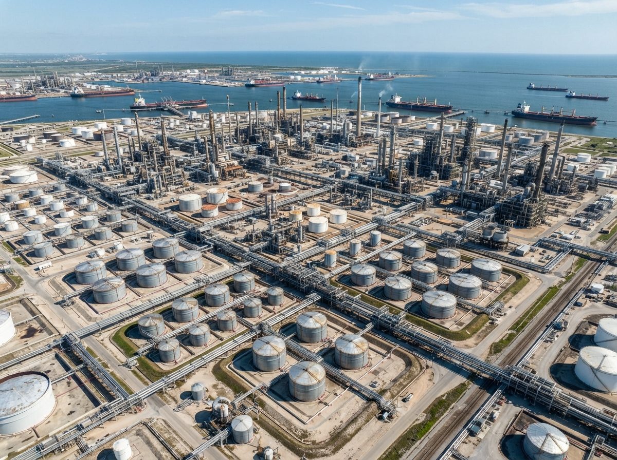Aerial view of a large petrochemical plant with storage tanks and pipelines.