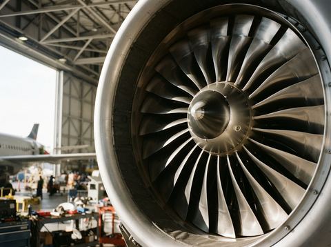 Close-up of a jet turbine engine's metal blades illuminated by sunlight inside an aircraft hangar.
