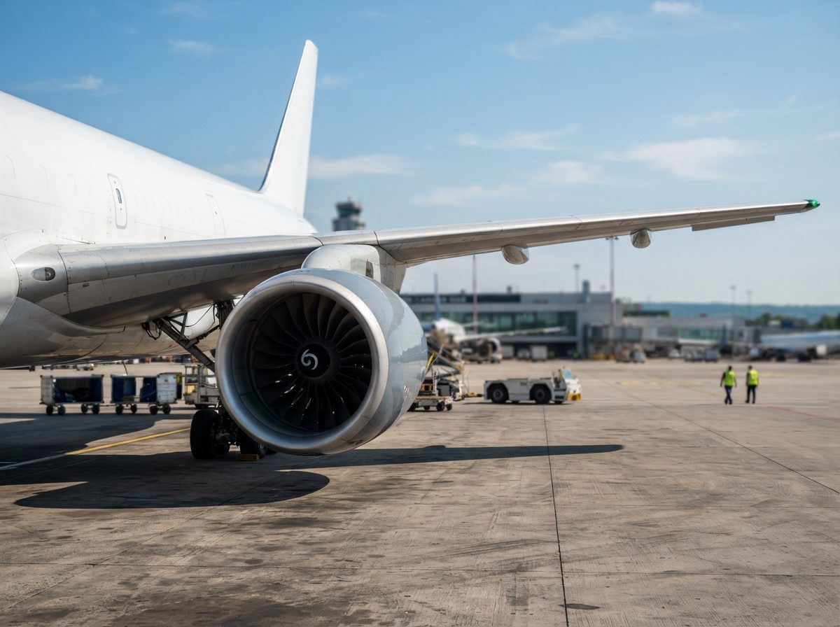 A commercial airplane engine mounted beneath an aircraft wing on a sunlit tarmac.