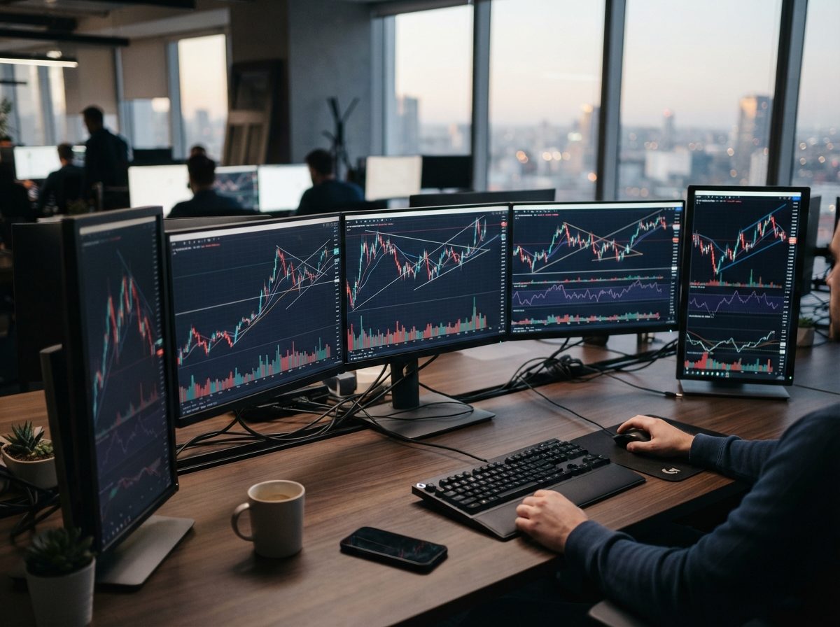 A modern trading desk with multiple monitors showing abstract financial charts.