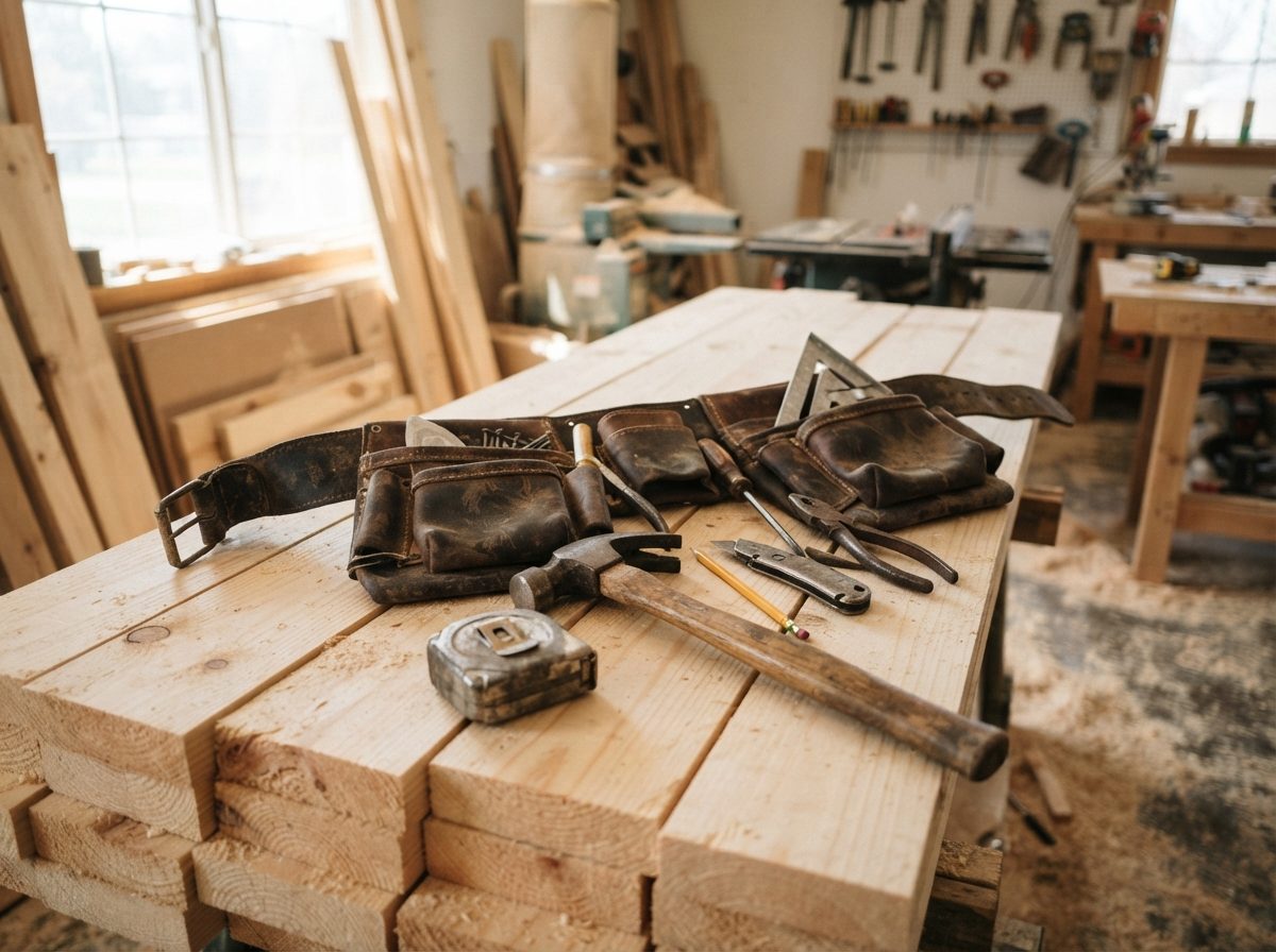 Contractor tools and lumber arranged in a bright workshop setting.