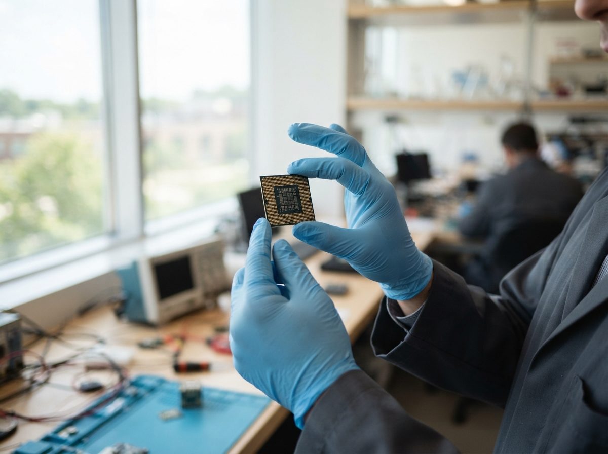 A gloved hand holding a small microprocessor chip up to natural light in an electronics lab.