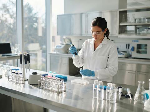 A modern pharmaceutical laboratory bathed in natural light with glass vials arranged on a stainless steel counter.