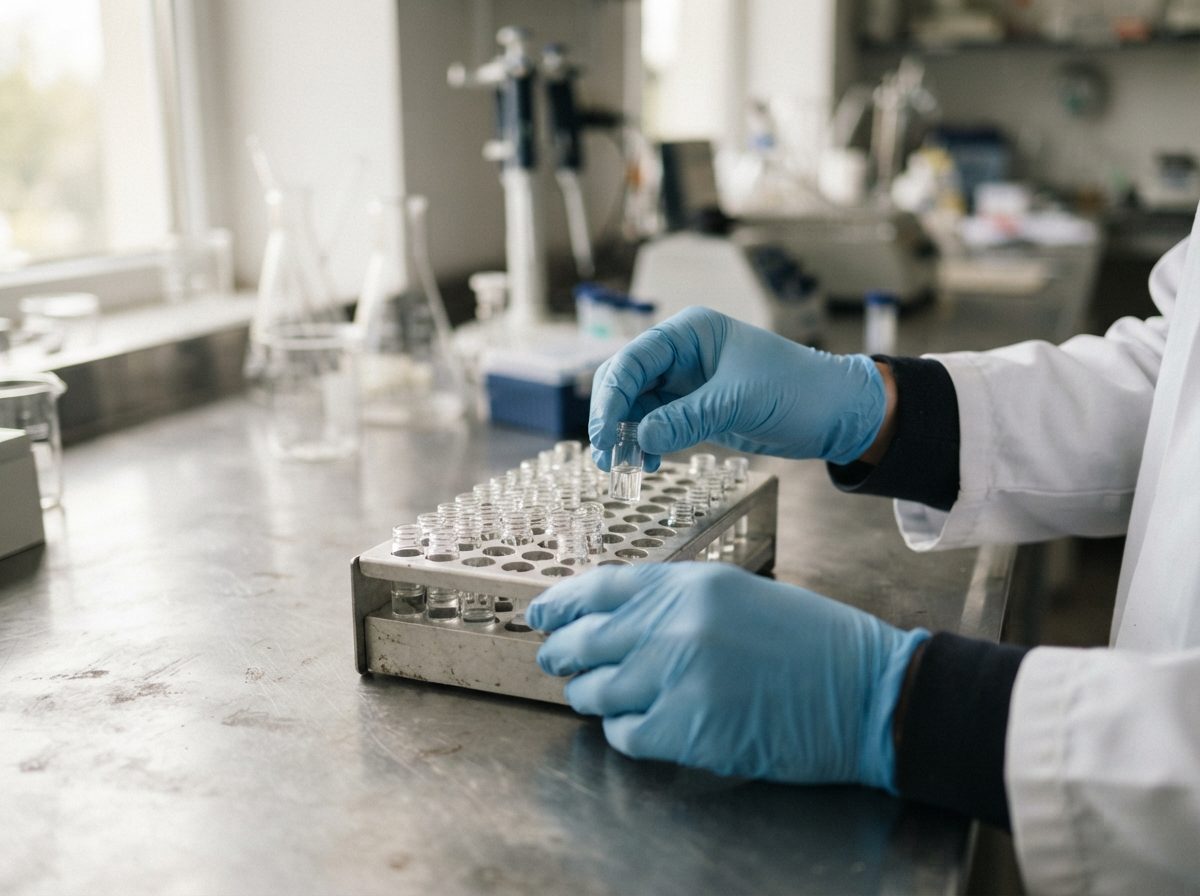 A researcher's gloved hands handling glass sample vials in a bright pharmaceutical laboratory setting.