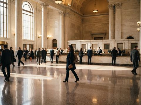 A bright marble bank lobby with columns and teller counters representing American financial services.