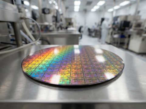 A silicon semiconductor wafer catching light on a fabrication lab surface.