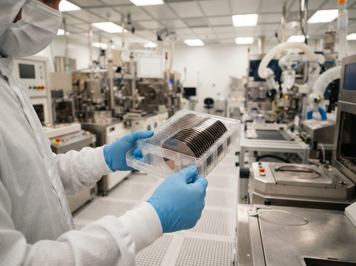 A technician handling a semiconductor wafer cassette inside a bright cleanroom.