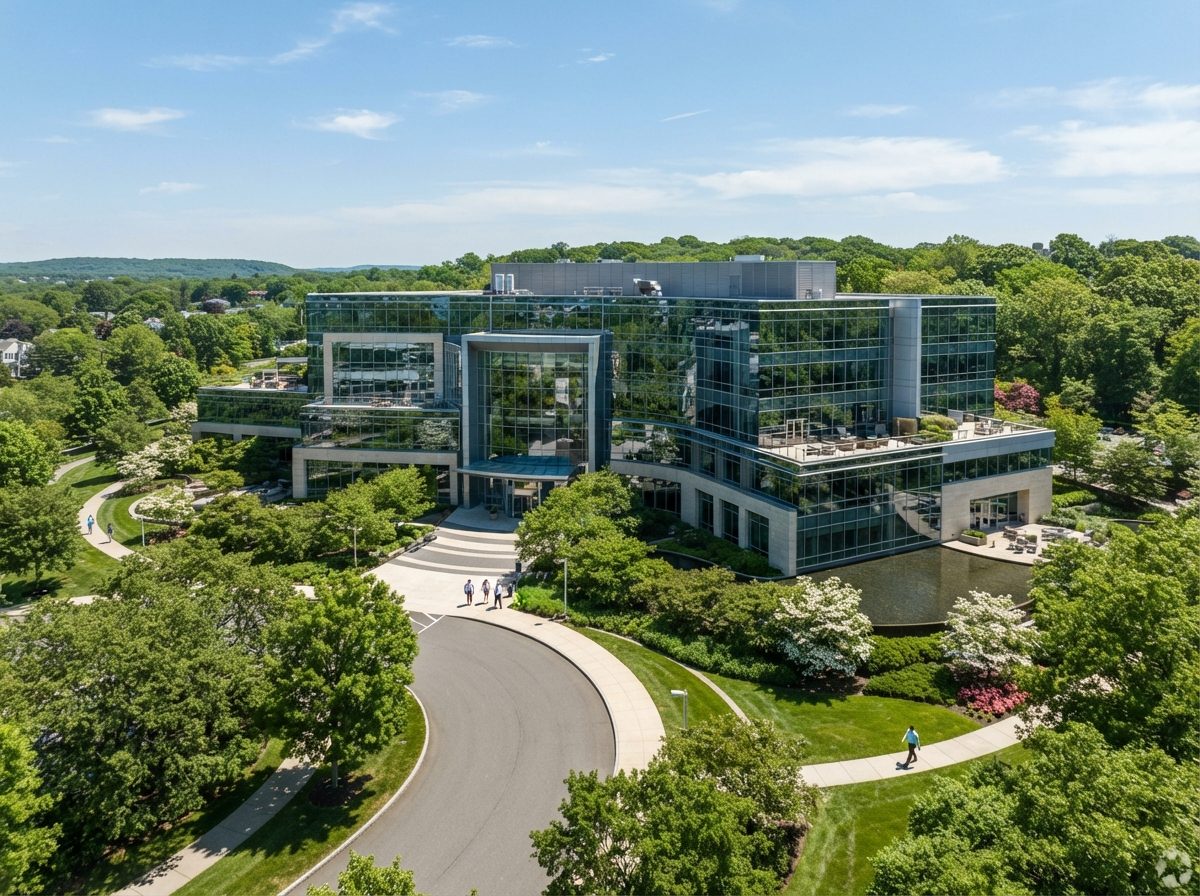 Exterior view of a modern glass office building surrounded by landscaped grounds, resembling a corporate headquarters campus.