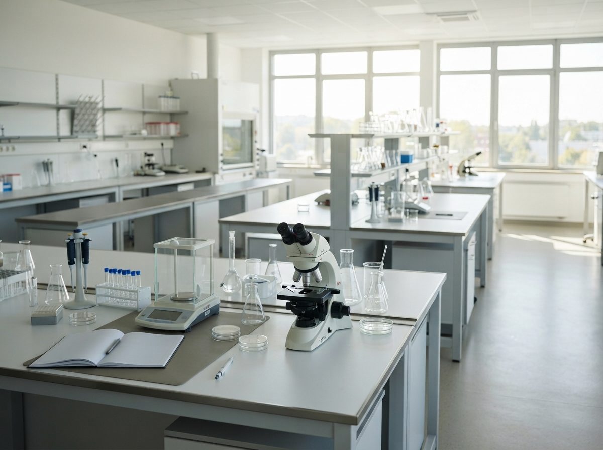 Interior view of a clean, sunlit pharmaceutical laboratory with research workstations.
