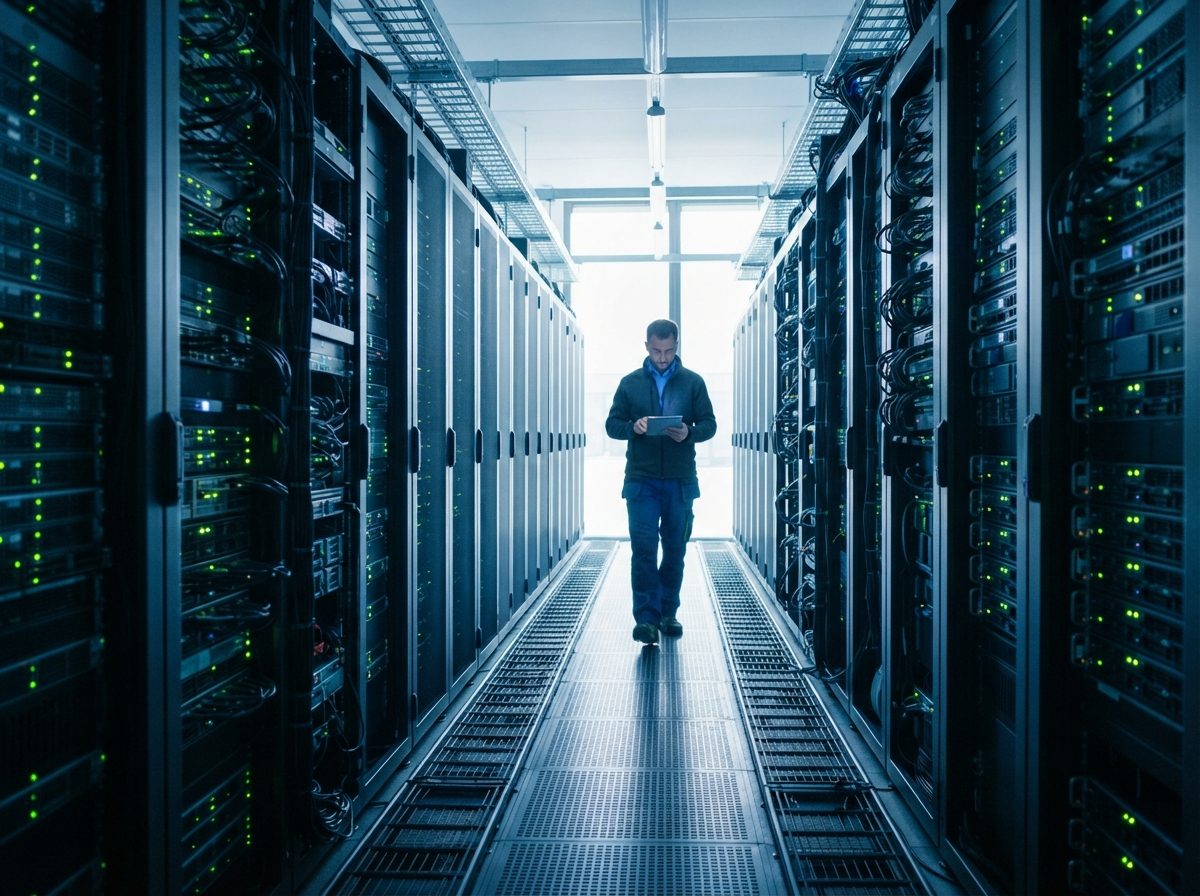Rows of illuminated server racks in a data center corridor.