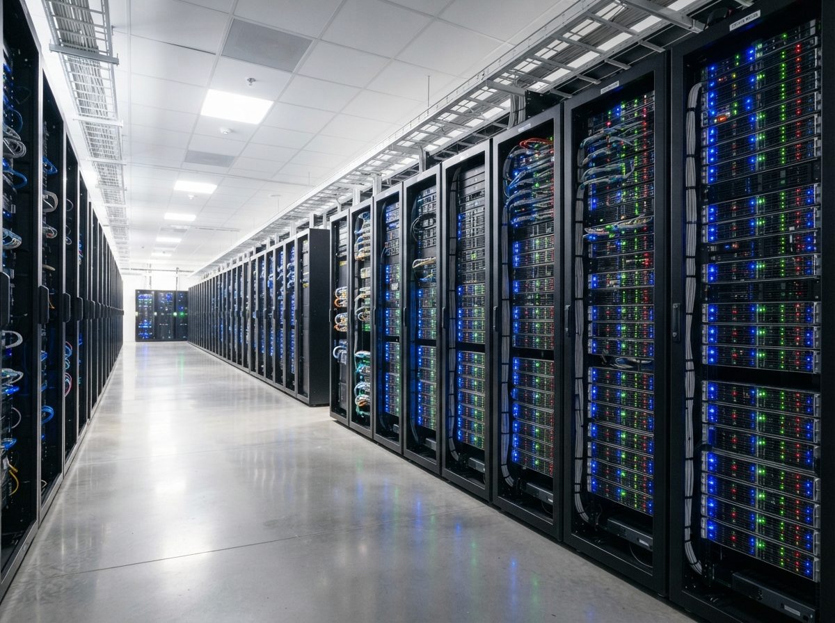 Bright data center hallway with server racks, representing cloud computing infrastructure used by a major American software company.