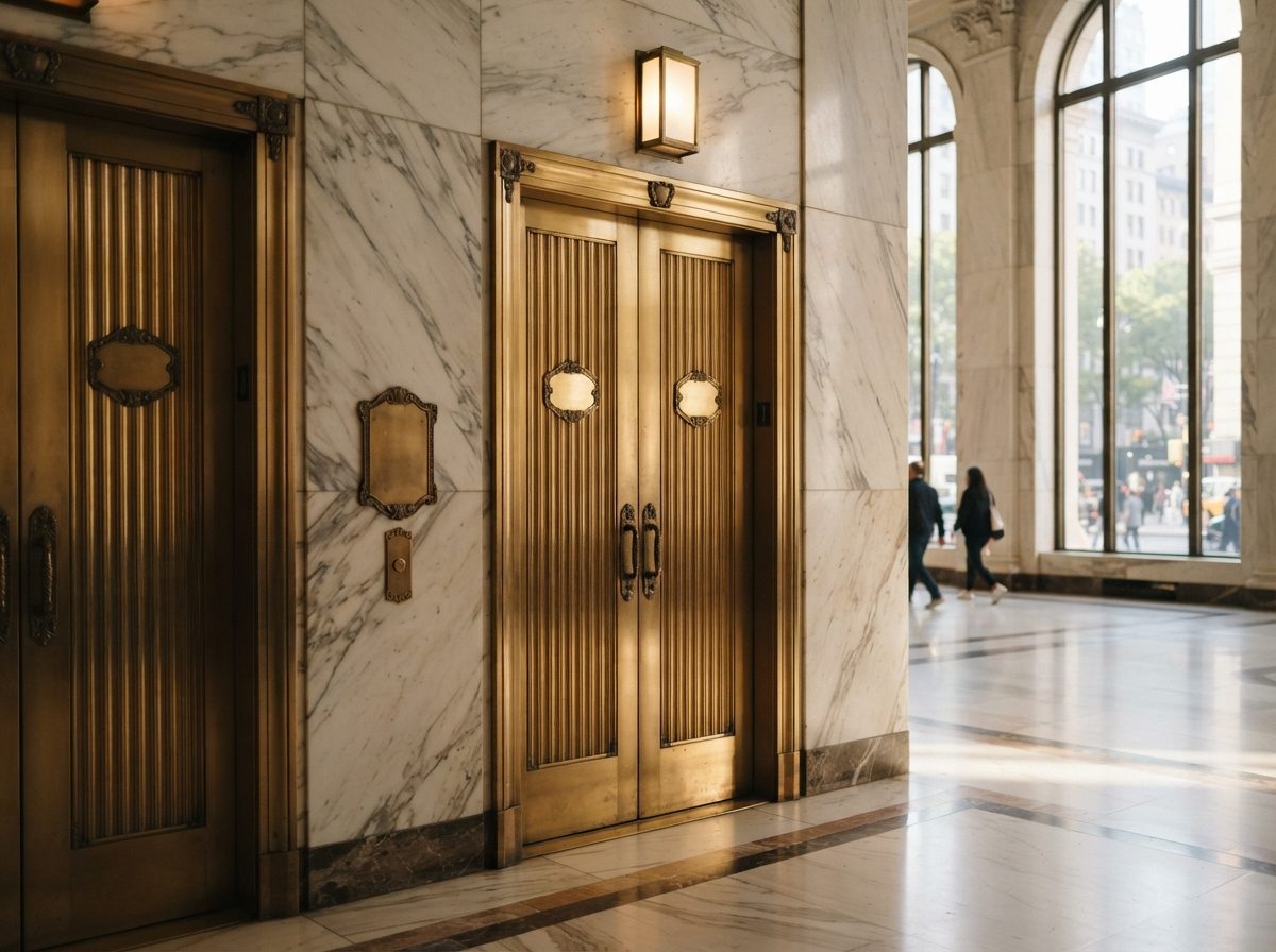 Sunlit corporate office lobby with marble floors and brass elevator doors.