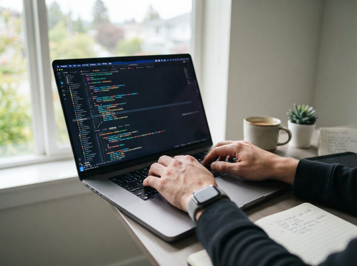 A software engineer typing database code on a laptop in a bright modern office.