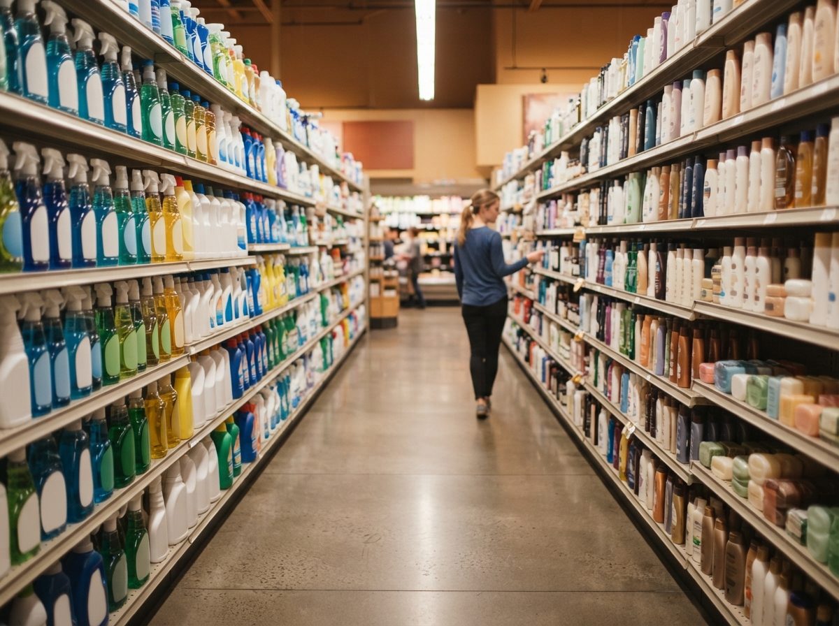 Grocery store aisle stocked with household and personal care products.