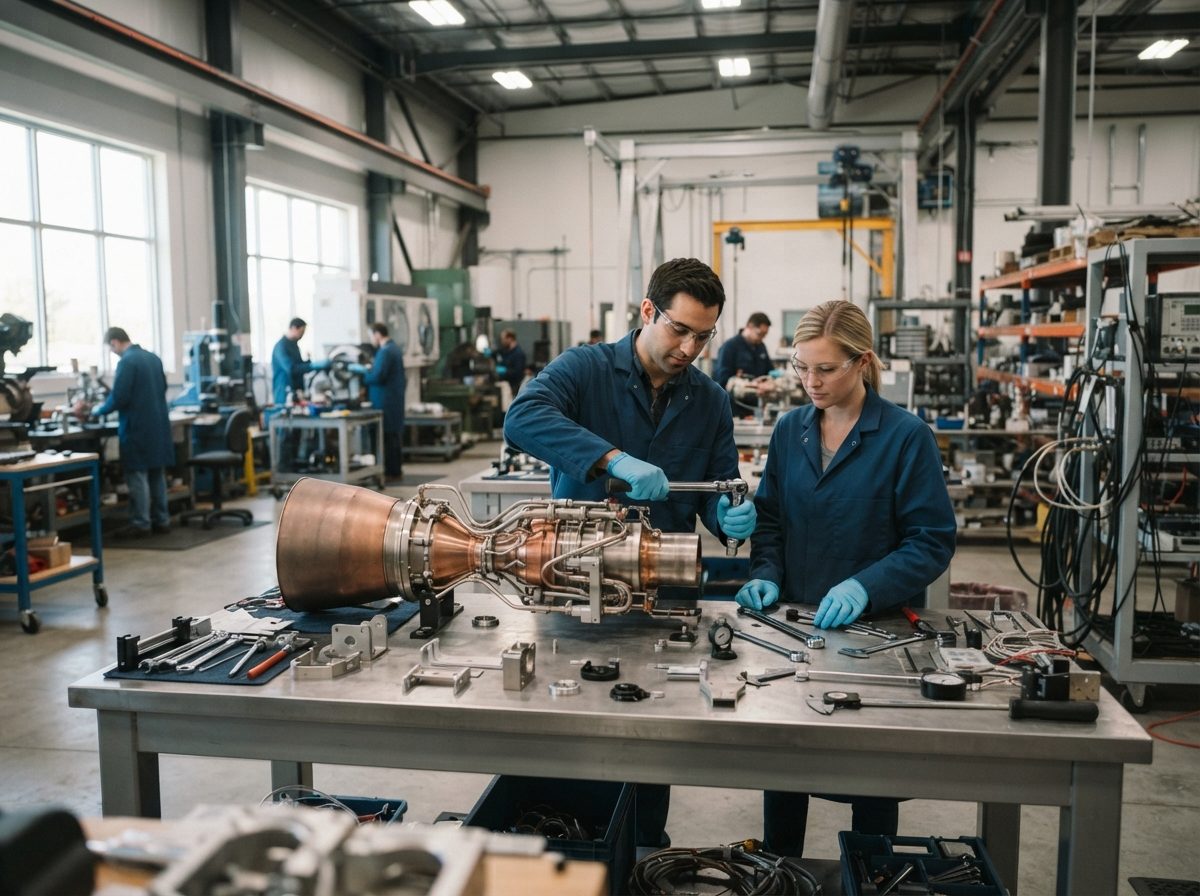 An aerospace workshop with rocket engine components arranged on workbenches under industrial lighting.