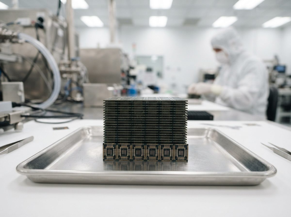 Finished microchips arranged on a tray inside a bright semiconductor cleanroom.