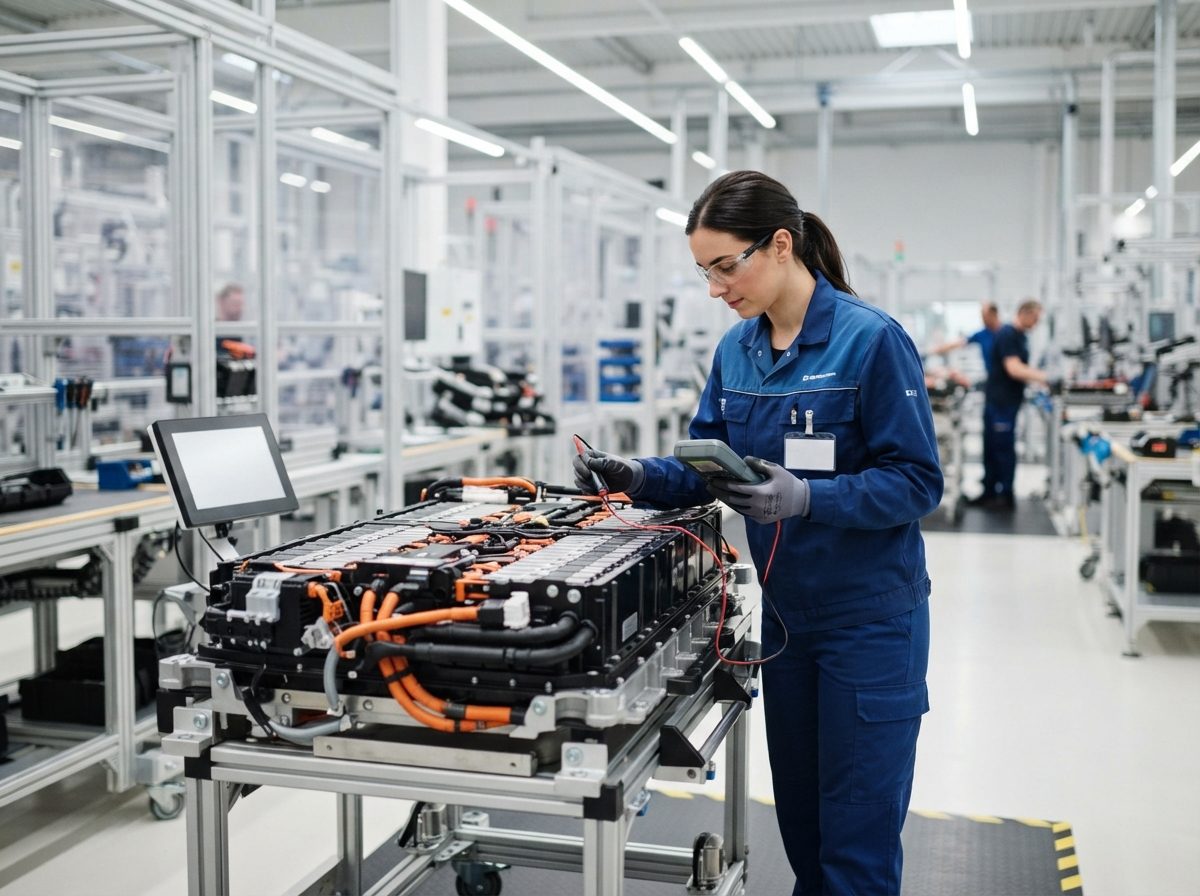 A technician examines a battery pack module on a factory assembly line.