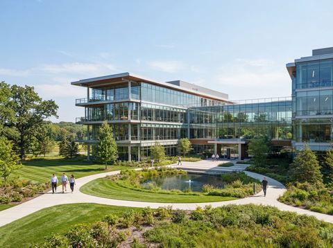 Modern corporate office campus with glass windows and landscaped grounds under a clear sky.
