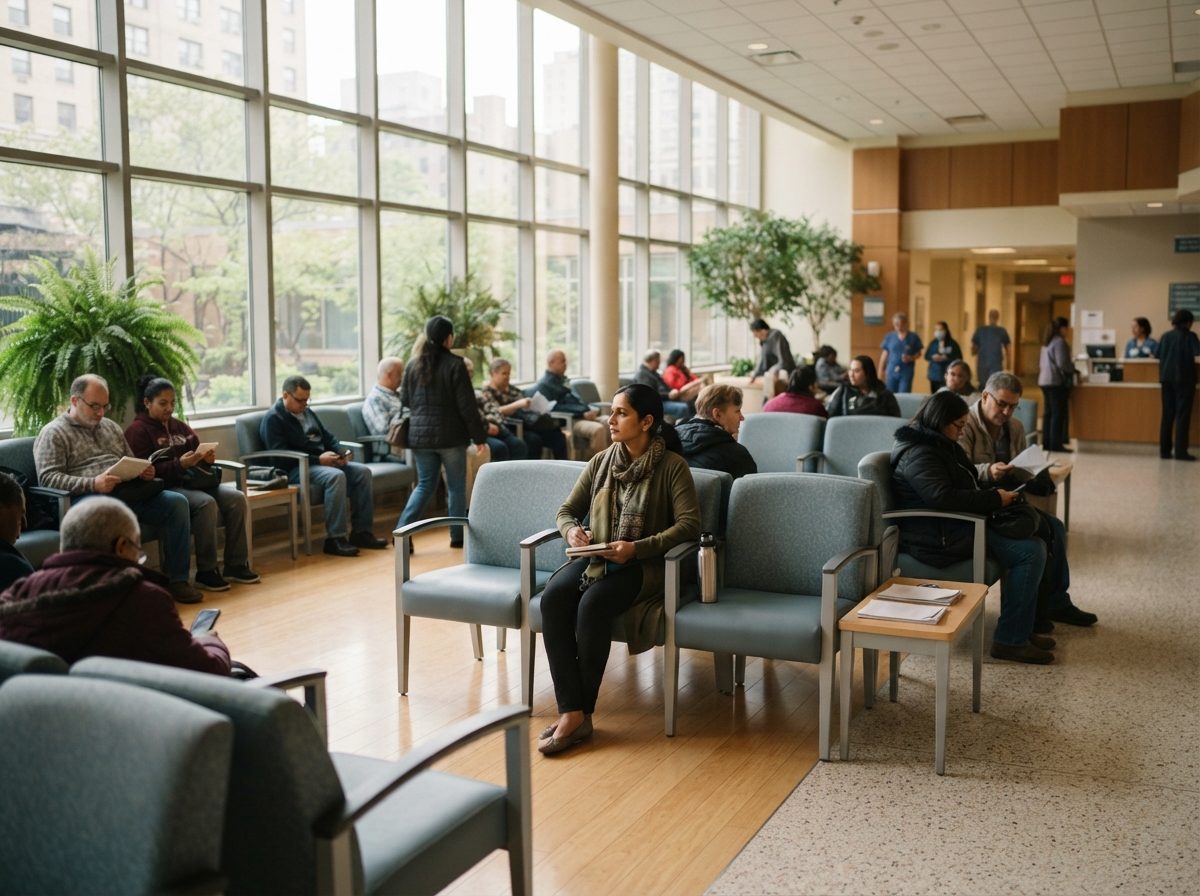 Bright hospital outpatient waiting area with rows of chairs and natural light.