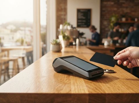 A payment terminal on a sunlit café counter representing electronic transaction processing.