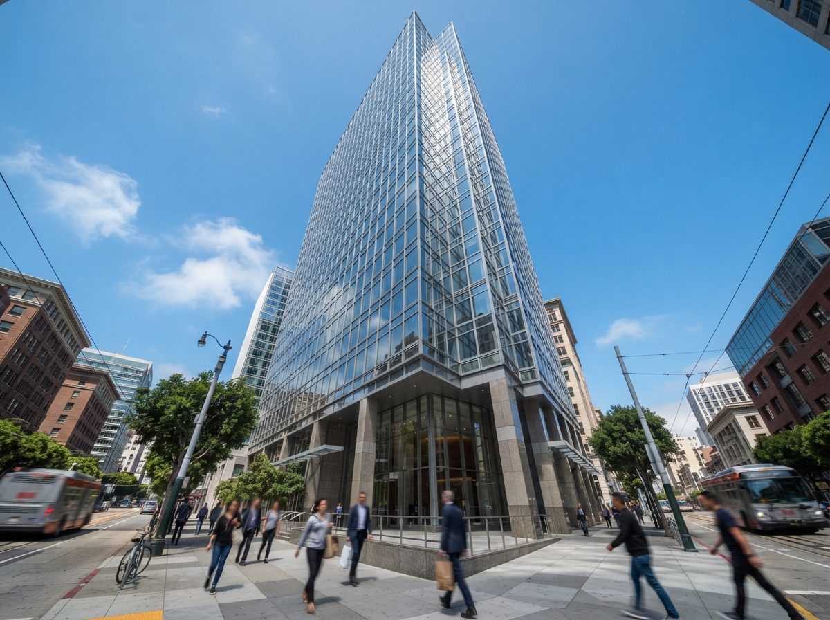 A modern glass office tower in downtown San Francisco under a clear sky.