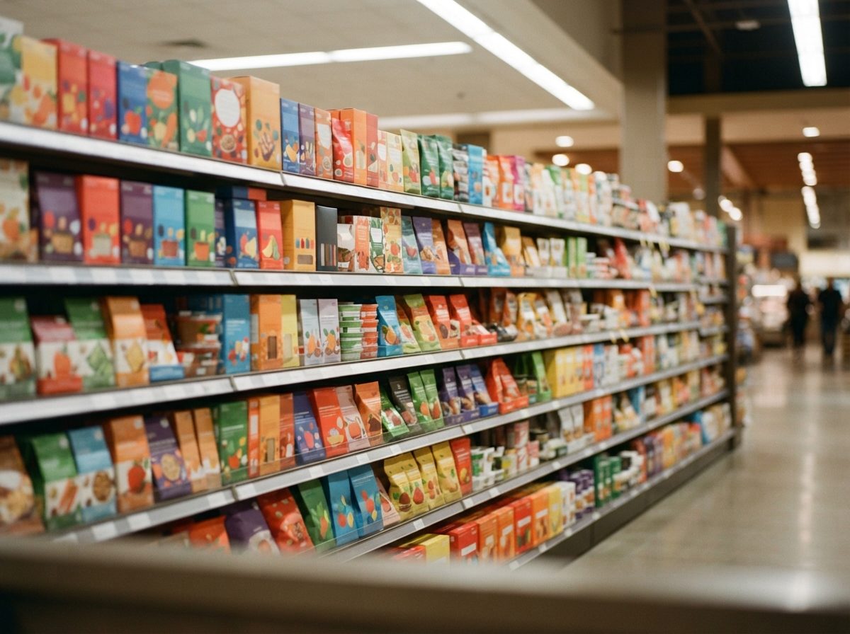 Close-up of neatly organized grocery store shelves stocked with colorful packaged goods.