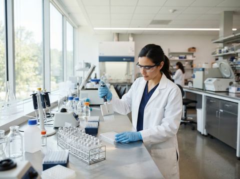Bright pharmaceutical laboratory with glass vials and steel equipment representing healthcare innovation
