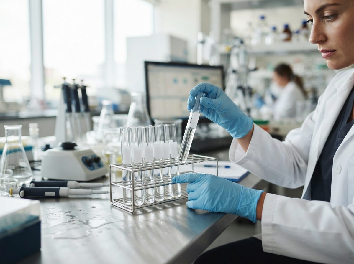 Scientist examining test tubes in a modern biotech research lab