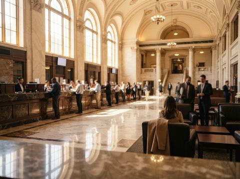 Sunlit marble lobby of a major bank branch with teller counters and clients