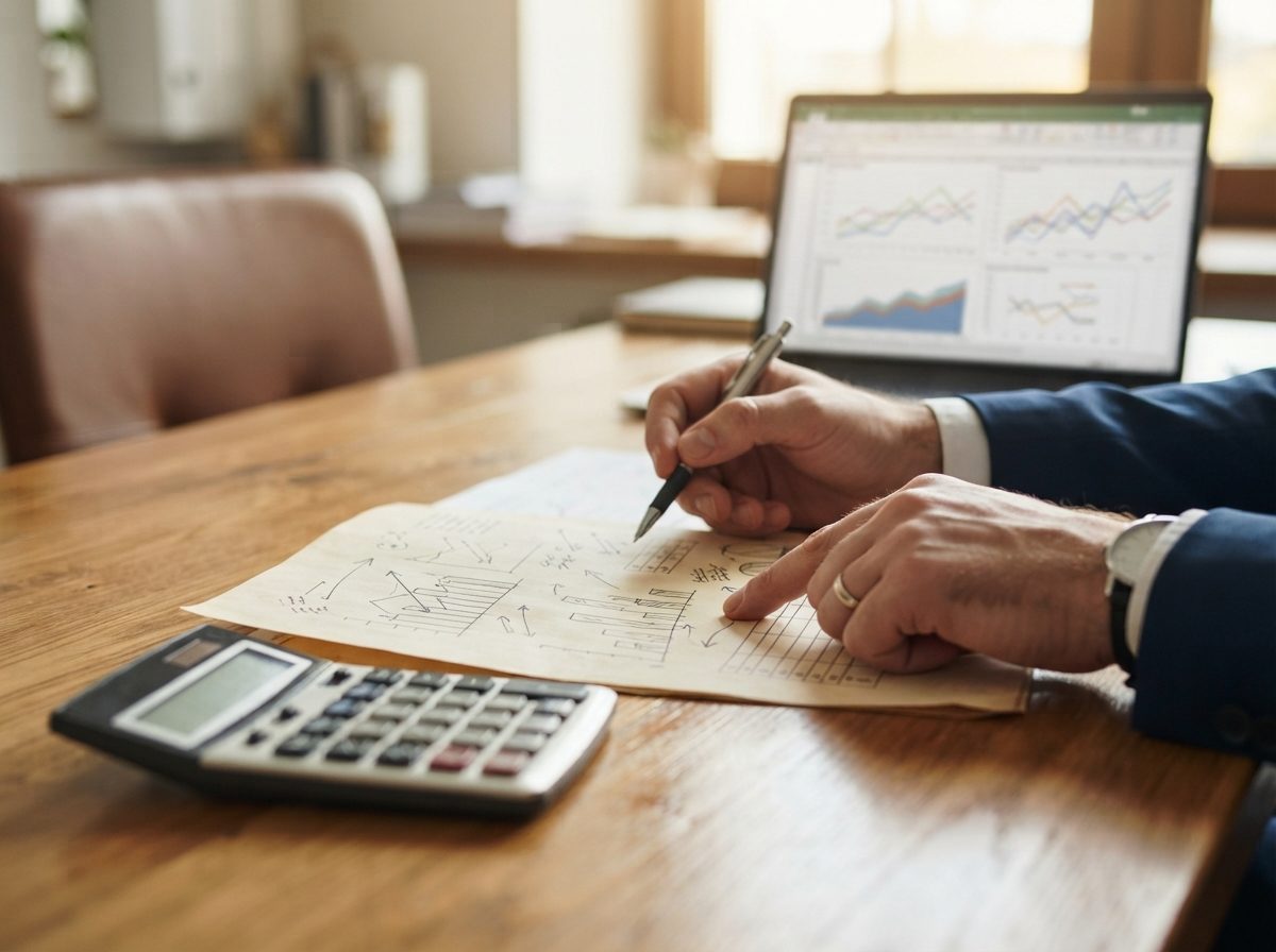 Banker reviewing financial documents at a desk with charts visible on a laptop screen
